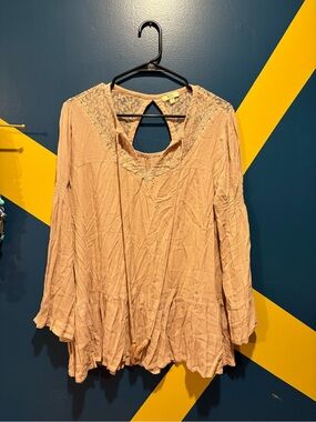 Kori America Blush Pink Lace Bell Sleeve Boho Blouse EUC